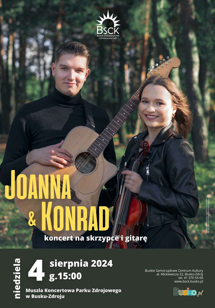 plakat promujący koncert, dwoje artystów z instrumentami