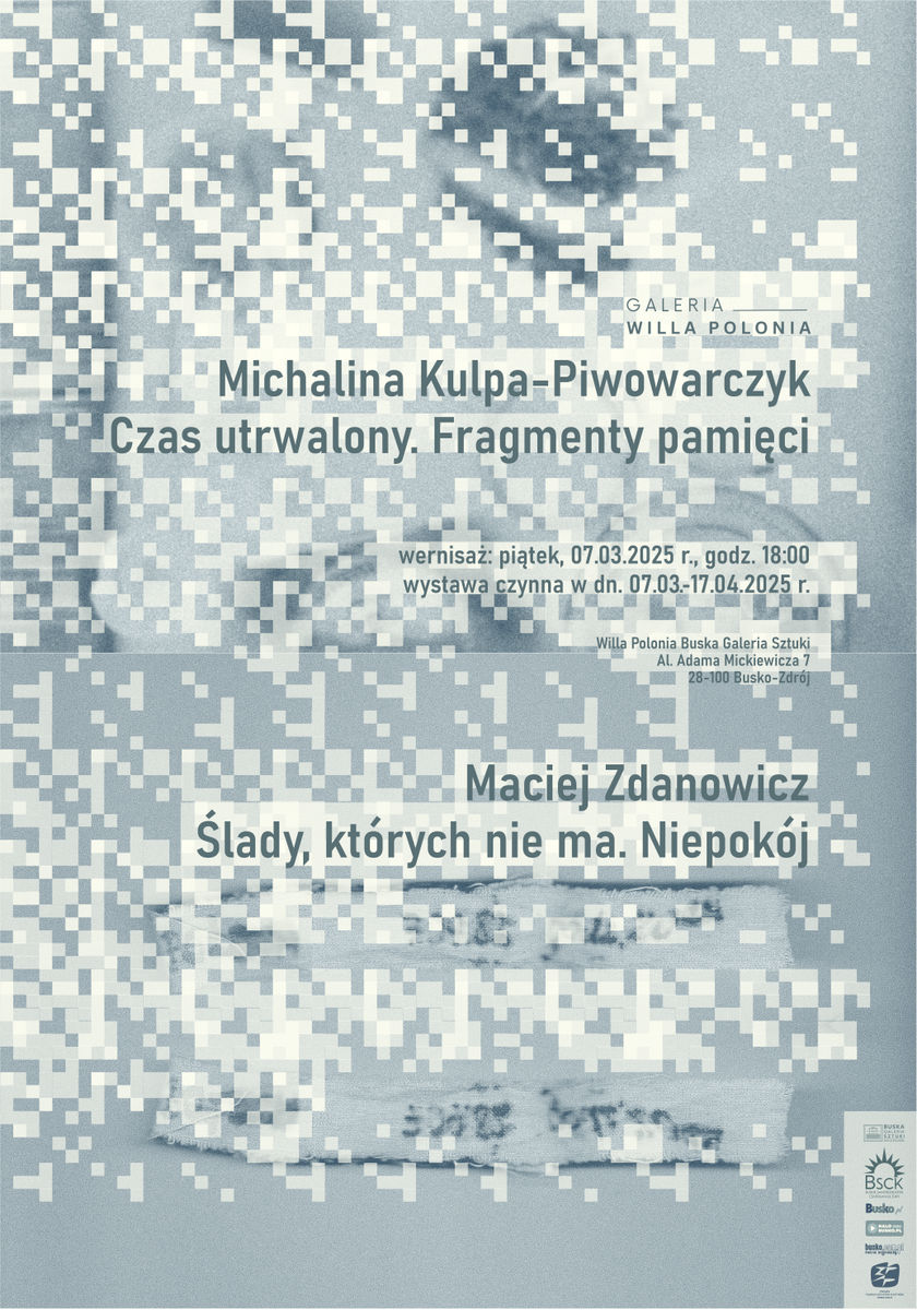 grafika promująca wystawy w Buskiej Galerii Sztuki, w tle mozaika z szaro-czarnych kwadratów 